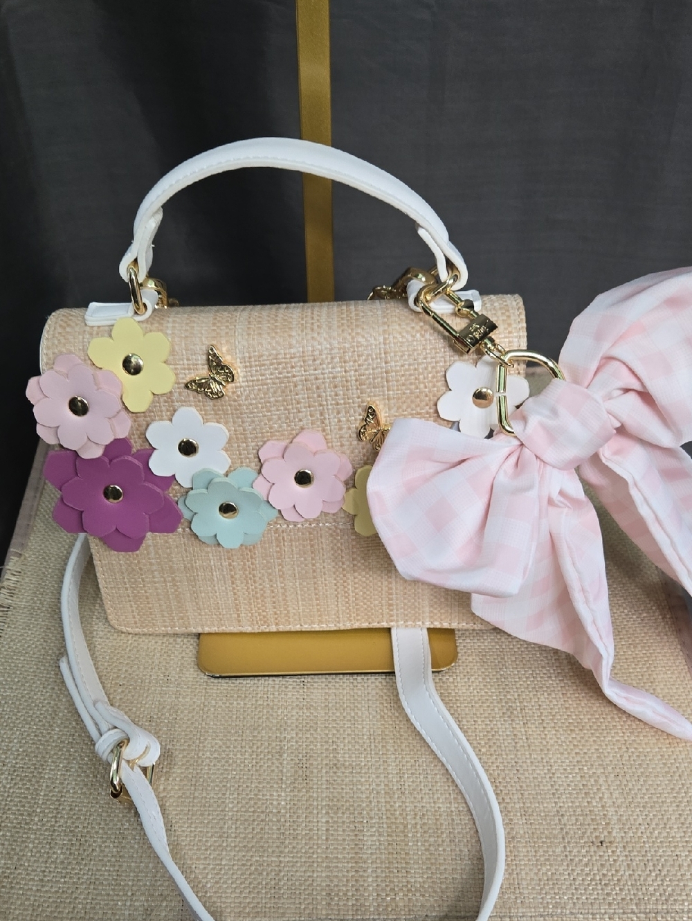 SALE! Like New! Betsey Johnson Beige Straw Satchel with Flower Accents
